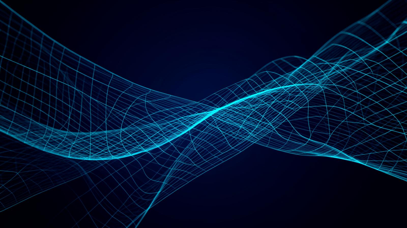 Abstract cyan wireframe mesh flowing across a deep navy field