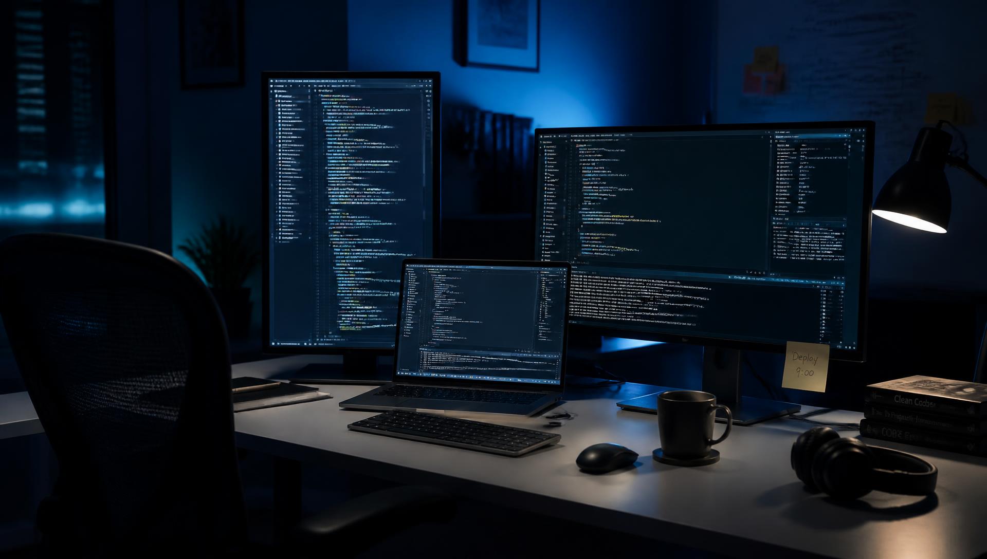 Development workstation with multiple monitors displaying code in a dimly lit room