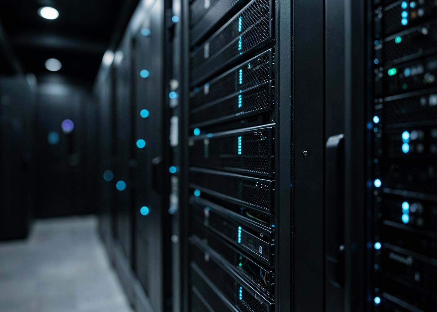 Server racks with blue indicator lights receding into a dark data hall