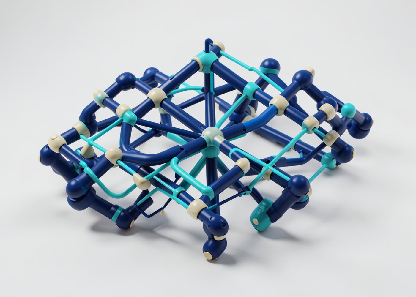 Abstract lattice of navy and cyan connected nodes representing integrated systems