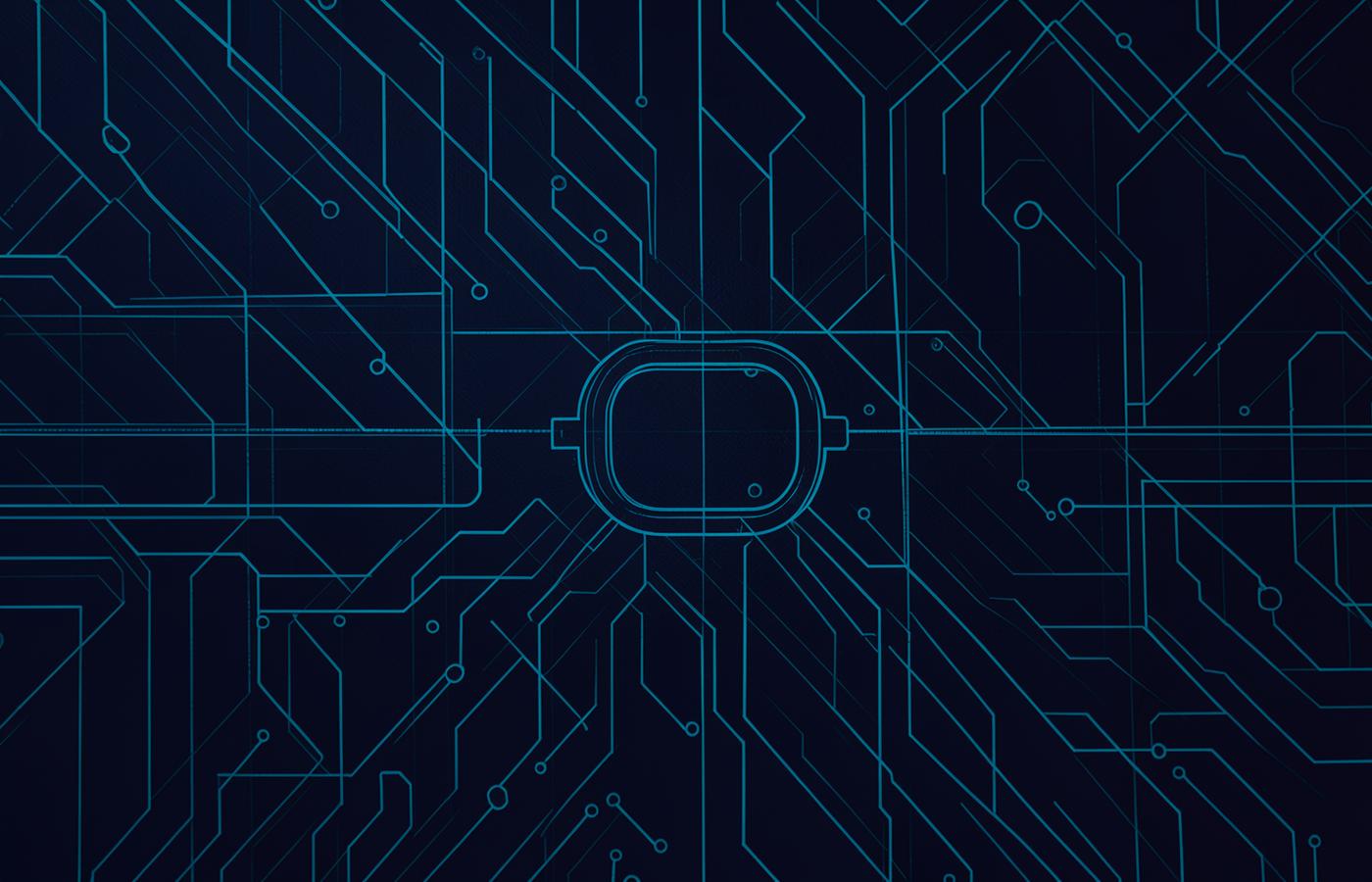 Abstract cyan circuit pattern on a deep navy background