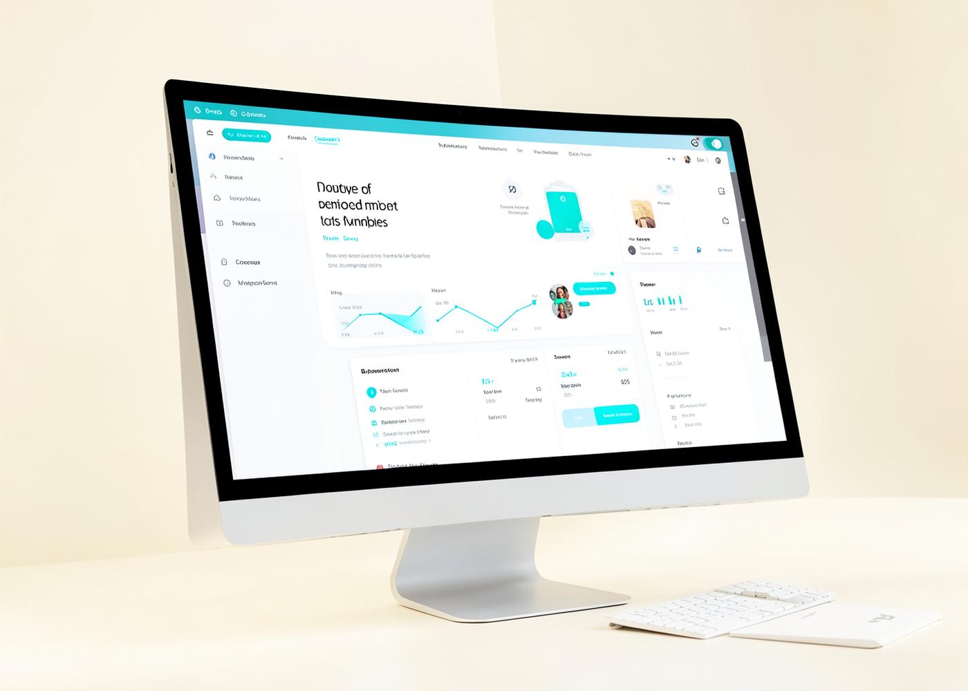 Large monitor displaying an abstract web application dashboard in a bright studio setting